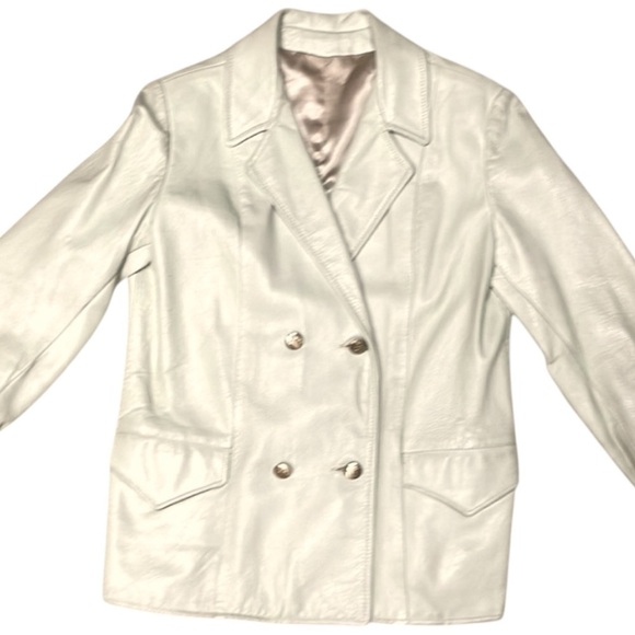 Vintage Ivory Double Breasted Leather Blazer Jacket Gold Buttons Satin Lined - Picture 9 of 10